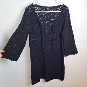 a.n.a. Black Crochet 3/4 Sleeve Fairygoth Swimsuit Cover-Up Tunic Shirt Size L